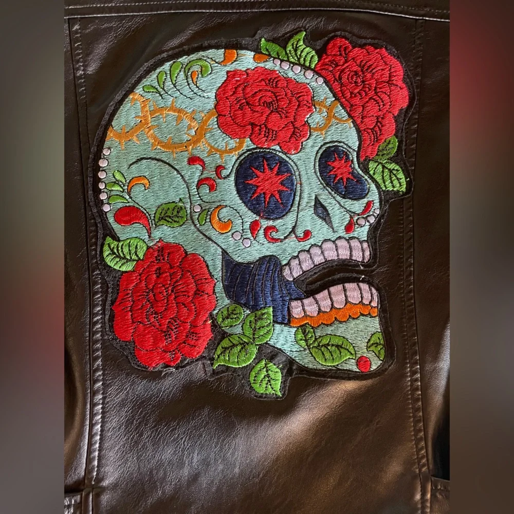 Sugar Skull Upcycled Black Faux Leather Motorcycle Jacket Women’s Size S - Picture 3 of 9
